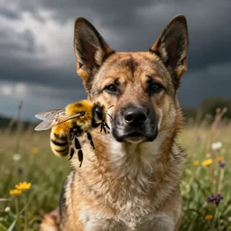 the hybrid of a dog and bumblebee, photo realistic, realistic lighting