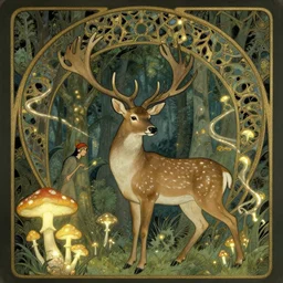deer in an enchanted forest, intricate design, elegant, magical, art nouveau, environment art, film still, glowing mushrooms, trails, close up, art by artgerm and greg rutkowski and ruan jia and peter polach