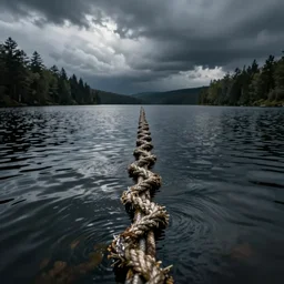 centered photograph of a infintely long rope zig zagging across the surface of the water into the distance, floating submerged rope stretching out towards the center of the lake, a dark lake on a cloudy day, moody scene, trees in the background, hyper - detailed photo, anamorphic lens