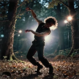 a smudged, scratched, grainy and blurry photograph showing the whole body of a creepy deranged man dynamically and frenetically moving his twisted body. his dance is wild and unpredictable. in the creepy woods, night time, flash lights, rim lights