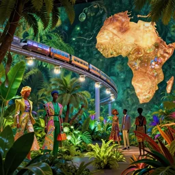 a vibrant of africa immersive digital art experiences, lush plants, a monorail train, glowing lights, high fashion, magic details, by moebius, edward hopper, james gilleard, and james jean, hd, 8 k, trending on artstation, uhd,