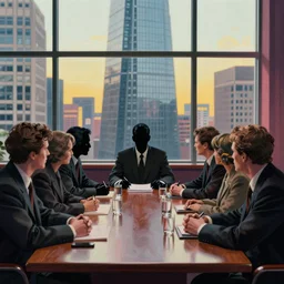 cinematic view of orwellian shadow figures arguing at a boardroom table in front of a skyscraper window by cedric peyravernay, depth of field, sharp focus, pop art style, intricate, high detail, digital painting, ultra realistic, cinematic lighting, artstation, 3 5 mm film grain