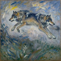 the illusion of movement, wolf jumping. painting by ucello, monet, giacommo balla, monet, gertrude abercrombie