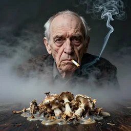 photographic portrait of wrinkly sad max ernst swan dried melting floral fungus with spiraling cigarette smoke, in fog, abstract