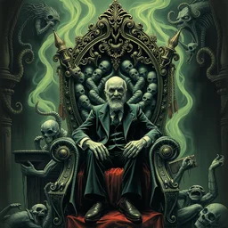 a haunted man sitting in a throne, surrounded by your alternative personalities, by ed ( big daddy ) roth