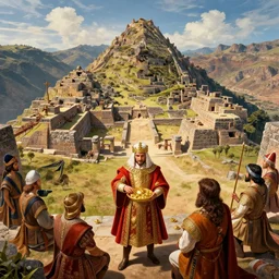 spanish conquer soldier francisco pizarro stealing gold on a inca temple, greg rutkowski, zabrocki, karlkka, jayison devadas, trending on artstation, 8 k, ultra wide angle, zenith view, pincushion lens effect