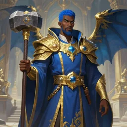 Picture of a male Cleric, black skin, blue short hair, short beard, dragon-inspired cloth robes, gold and blue, ornamental, hammer, wings, background depicting a temple, fantasy, dnd, d&d, sharp focus, smooth, illustration, matte painting, highly detailed, by akihiko yoshida, james jean andrei riabovitchev marc _ simonetti, yoshitaka amano, artstation, cgsociety