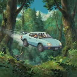 flying car in futuristic spiritual mystical post apocalyptic forest, studio ghibli, beautiful, crisp