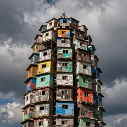 close - up view of a tower made up of colourful makeshift squatter shacks, bleached colours, moody cloudy sky, dystopia, mamiya, very detailed, photographed by cristina de middel