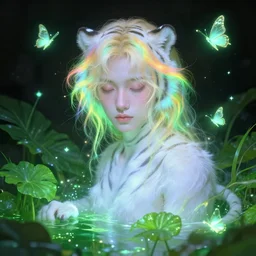 harmony glowing neon tiny butterfly stars, mute, portrait, closed eyes, humanoid androgynous blonde male tiger, wearing white fantasy, pond, green 🍃, rainbow hair overlay, beautiful lit, dark background, highly detailed, fantasy art by wlop, craig mullins, thomas kinkade