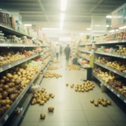 Beautiful Liminal Grainy foggy disposable-camera Photograph of a infinite Mall with many potatoes potatoes potatoes potatoes on the floor