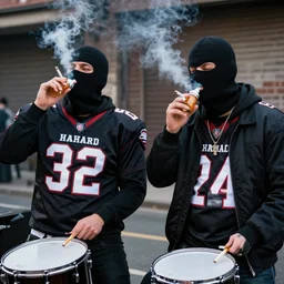 two thugs smoking and drinking in the street wearing balaclavas, drum & bass, football hooligans, chonging cigs with dj hazard