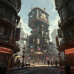 a industrial STEAMPUNK CITY Street scenery in the FAVELAS, signs, billboards and cable Connecting MULTI LVL BUILDINGS, rendered by simon stålenhag, rendered by Beeple, Makoto Shinkai, syd meade, environment concept, digital art, starwars, raphael lacoste, eddie mendoza, alex ross, concept art, cinematic lighting, , unreal engine, 3 point perspective, WLOP, trending on artstation, low level, 4K UHD image, octane render,