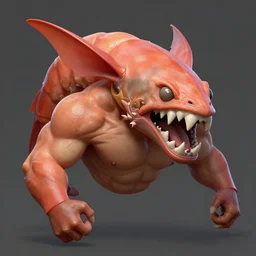 game concept art, muscular, shrimp head, chiroptera ears, shark teeth, hyperrealism, artstation, cgsociety, zbrush, no background