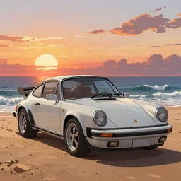 beautiful, detailed digital painting of a porsche 9 1 1 looking at the sunset, anime by makoto shinkai, sand, waves, trending on artstation