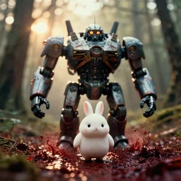 a 3 5 mm photo from the front of a giant mecha armored war delorean robot as chubby cute rabbit walking in the bloody woods, splash art, movie still, bokeh, canon 5 0 mm, cinematic lighting, dramatic, film, photography, golden hour, depth of field, award - winning, anamorphic lens flare, backlighting, overcast, 8 k, hyper detailed, 3 5 mm film grain