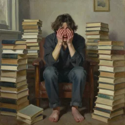 oil painting of someone sitting in a big room, realistic crying face, surrounded by piles of books.