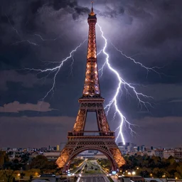 realistic detailed image of a lightning strike, Eiffel Tower, by Ayami Kojima, Amano, Karol Bak, Greg Hildebrandt, and Mark Brooks, Neo-Gothic, gothic, rich deep colors. Beksinski painting, part by Adrian Ghenie and Gerhard Richter. art by Takato Yamamoto. masterpiece