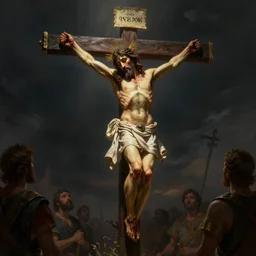 an epic historical depiction of the romans persecuting jesus christ on the cross, in the style of greg rutkowski, giorgio vasari, digital painting, extremely moody lighting, glowing light and shadow, unreal engine, extremely detailed masterpiece, volumetric lighting