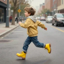 kid with yellow boots running down the street, concept art, painting, highly detailed