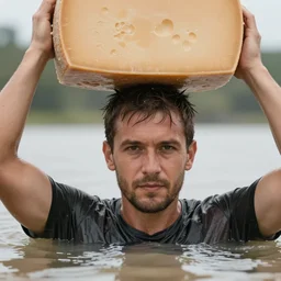 closeup potrait of a man carrying a wheel of cheese over his head in a flood in Amsterdam, photograph, natural light, sharp, detailed face, magazine, press, photo, Steve McCurry, David Lazar, Canon, Nikon, focus