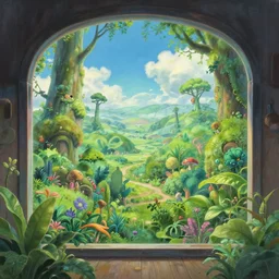 a heavenly dream view from the interior of my symmetrical world of macroscopic plants from a Makoto Shinkai oil on canvas inspired pixiv dreamy scenery art majestic fantasy scenery cozy window frame fantasy pixiv scenery art inspired by magical fantasy exterior