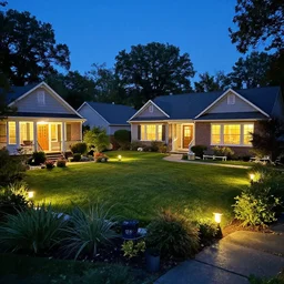an american neighborhood at night, big garden