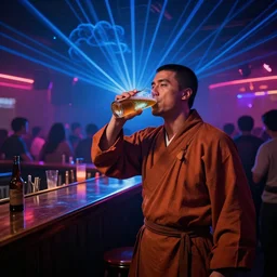 a shaolin warrior monk drinking a beer at crowded nightclub and standing near a bar, laser show with blue cloud patterns, in unreal engine, well framed, neon standup bar, trending on art station, in the style of the movie heat with al pacino, volumetric lighting & shadows, digital art, unreal engine,