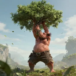 troll lifting a tree, fantasy, detailed skin, flying leaves, wind, epic, unreal engine, detailed, fantasy setting, hd