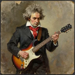beethoven playing an electric guitar. oil painting. weathered paper