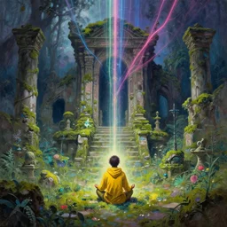 a wanderer wearing yellow sits in meditation at an ancient shrine. mossy decrepit ruins in a forgotten land. magical leylines emit streaks of various colors of mana streams. a final fantasy concept splash oil painting of a rogue mage absorbing powers from the dungeon depths in an enchanted garden. by rebecca guay