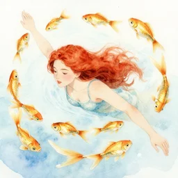 beautiful watercolor painting of a young red hair woman swimming, surrounded by golden fish, intricate, elegant, highly detailed, digital painting, artstation, concept art, smooth, sharp focus, art by krenz cushart and artem demura and alphonse mucha, dynamic lighting, full body shot, ultrarealistic, cinematic, octane render, 8 k