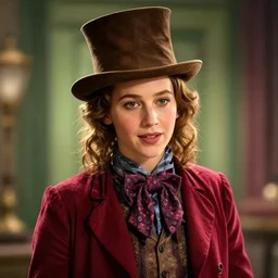 character portrait of female Willy Wonka played by Jennifer Lawrence, digital art, trending on artstation, 4k