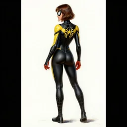 full body character turnaround of a woman in an orb weaver inspired outfit, textured suit, character sheet, spiderwoman!!!!!, john singer sargent, good value control, highly detailed portrait, digital painting, concept art, running shoes, sharp focus, illustration, 8 k, black undersuit, black main color with yellow secondary color, realistically proportioned body