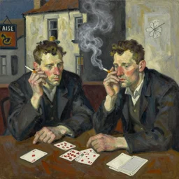 2 0 2 0 s oil painting in the style of john craxton sailors in the shadows of a pub. playing cards. aesthetic. brush marks. strong lighting. holding cigarettes. smokey bar. seated figure hands on table. strong expressions on faces. cheekbones. single flower. line drawing on painting,