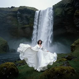 dark and moody 1 9 8 0's artistic color spaghetti western film, a woman in a giant billowing wide long flowing waving shining bright white dress, standing inside a green mossy irish rocky scenic landscape, huge waterfall, volumetric lighting, backlit, atmospheric, fog, extremely windy, soft focus