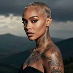 photo of jada pinkett with a bald head that is filled with bad tattoos