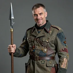 middle aged halforc wearing a patchwork military uniform jacket with cut sleeves and many charms and baubles worked into the fabric, with an upturned collar. full sleeve rune tattoos thin fangs show through his lower jaw with a bemused smile. blue grey intelligent eyes. one hand is replaced by a short jagged javelin, subtlety shaped as a lightning bolt. 1 9 th century style