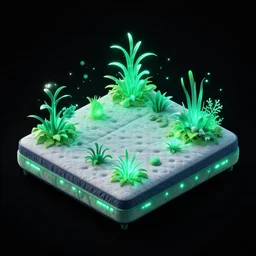 isometric bed with alien aesthetic and biolumnescent gree cyan neon type lights with alien plants growing out of the matress, all in a black background behance lowpoly alien pilow
