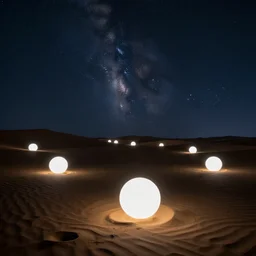 of a desert filled with white glowing orbs, stars night sky