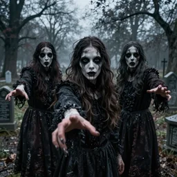 [ macabre figures reaching out ]!! to the camera [ in a graveyard ]!!, [ 4 k photorealism ]!!, trending on unsplash, grim lighting, gloomy atmosphere, cgsociety inspired, pinterest contest winner