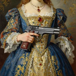 the royal m 1 9 1 1 pistol by greg hildebrant lisa frank fancy rococo baroque regal oil painting high quality award winning clothed in fancy garb