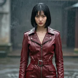 youthful asian blade runner demure, 3 5 mm, exquisite features, feminine cut, 1 9 7 0's frontiers in flight leather suit, roger deakins, pouring rain, smoke, grain