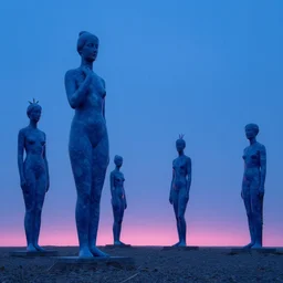 giant blue marble statues of women with pink light on the horizon by andreas achenbach and carl gustav carus and thomas cole and delphin enjolras, and dali, blue mood