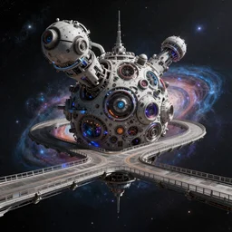 view of the cosmos from an orbital bridge, futuristic, mechanical, alive, technological, utopia, highly intricate, art by Tom Bagshaw