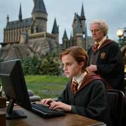 Photo of Emma Watson using a computer in Hogwarts next to Professor McGonagall