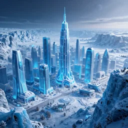 alien planet capital featuring enormous modern buildings, vast tron neon city district, blue ice antelope canyon winter backdrop, megalophobia, 4 k wallpaper, 6 4 mm photo