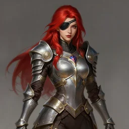 a highly detailed illustration of red haired armored lady, eyepatch, intricate, elegant, highly detailed, centered, digital painting, artstation, concept art, smooth, sharp focus, league of legends concept art, wlop.