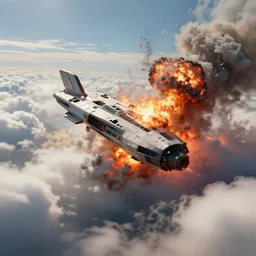 crash landing of spaceship, smoke, flames, explosion, clouds, wide angle, digital art, trending on artstation