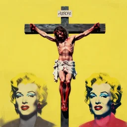 bloody jesus christ crucified, yellow sky painted by andy warhol and cy twombly
